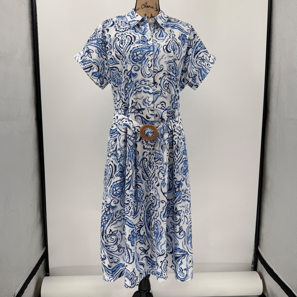 NWT‎ Talbots Sutton Midi Shirtdress Painted Paisley Cotton Belted Women Size 12